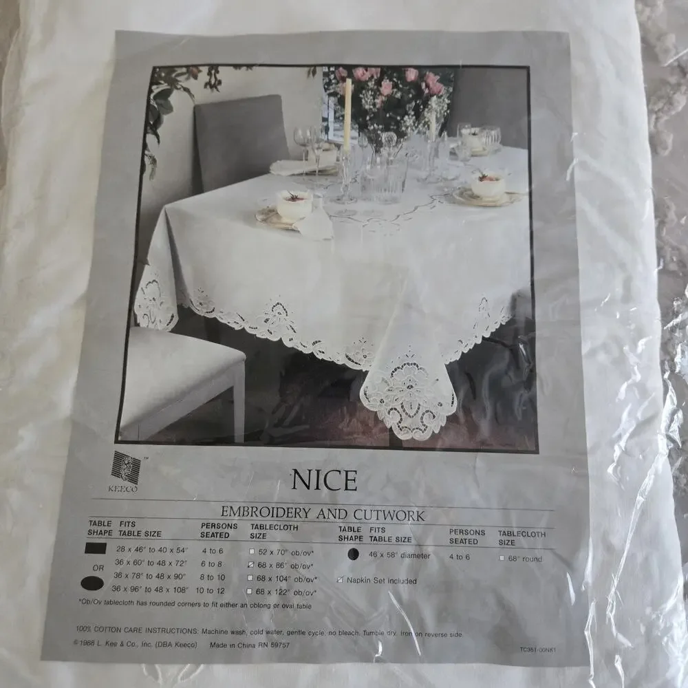 Vintage 80s Keeco Embroidered Cutwork Tablecloth Napkin Set White Cotton 68x86